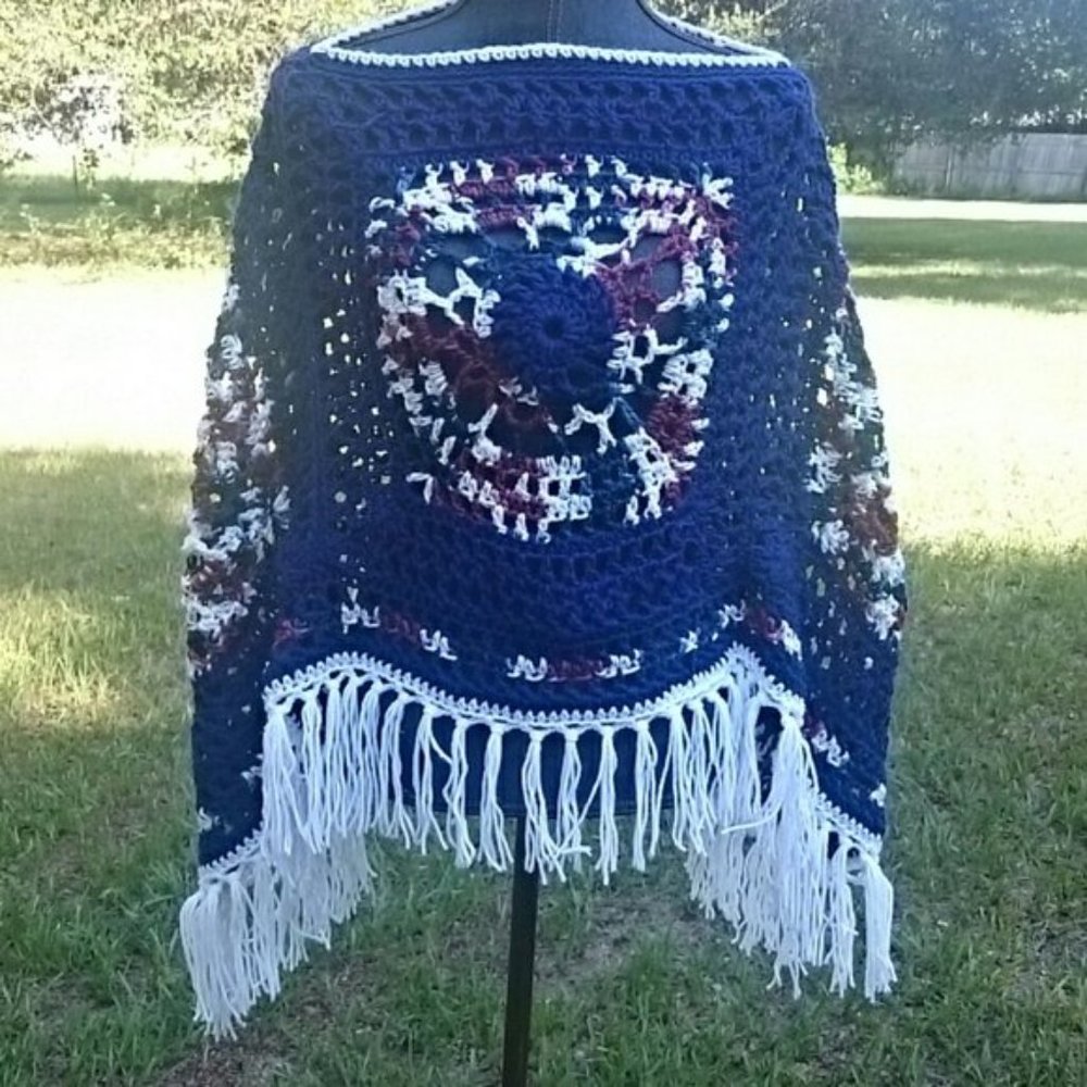 Hand Crafted Crochet Chunky Navy Blue White Burgundy Poncho Essential Boho - Picture 12 of 13